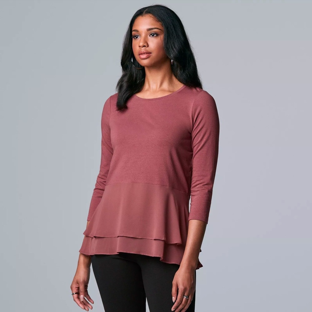 Women's Simply Vera Vera Wang Three Quarter Sleeve Mauve Peplum Hem Tee, New